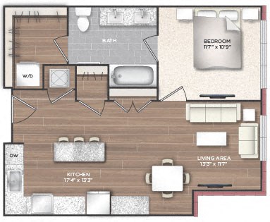 Floor plan for 1 bed, 1 bath, 714 sqft